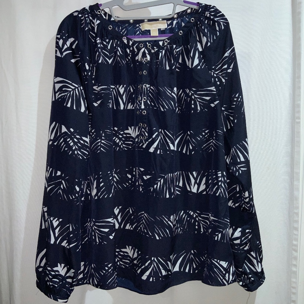 Michael Kors palm leaf blouse Sz XL long sleeve button cuff botanical